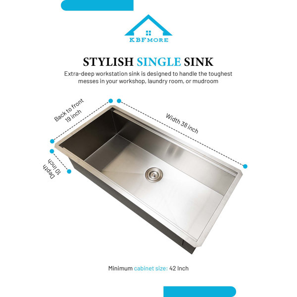 KBFmore 38 Inch Workstation Kitchen Sink with Sink Grid, Strainer Kit